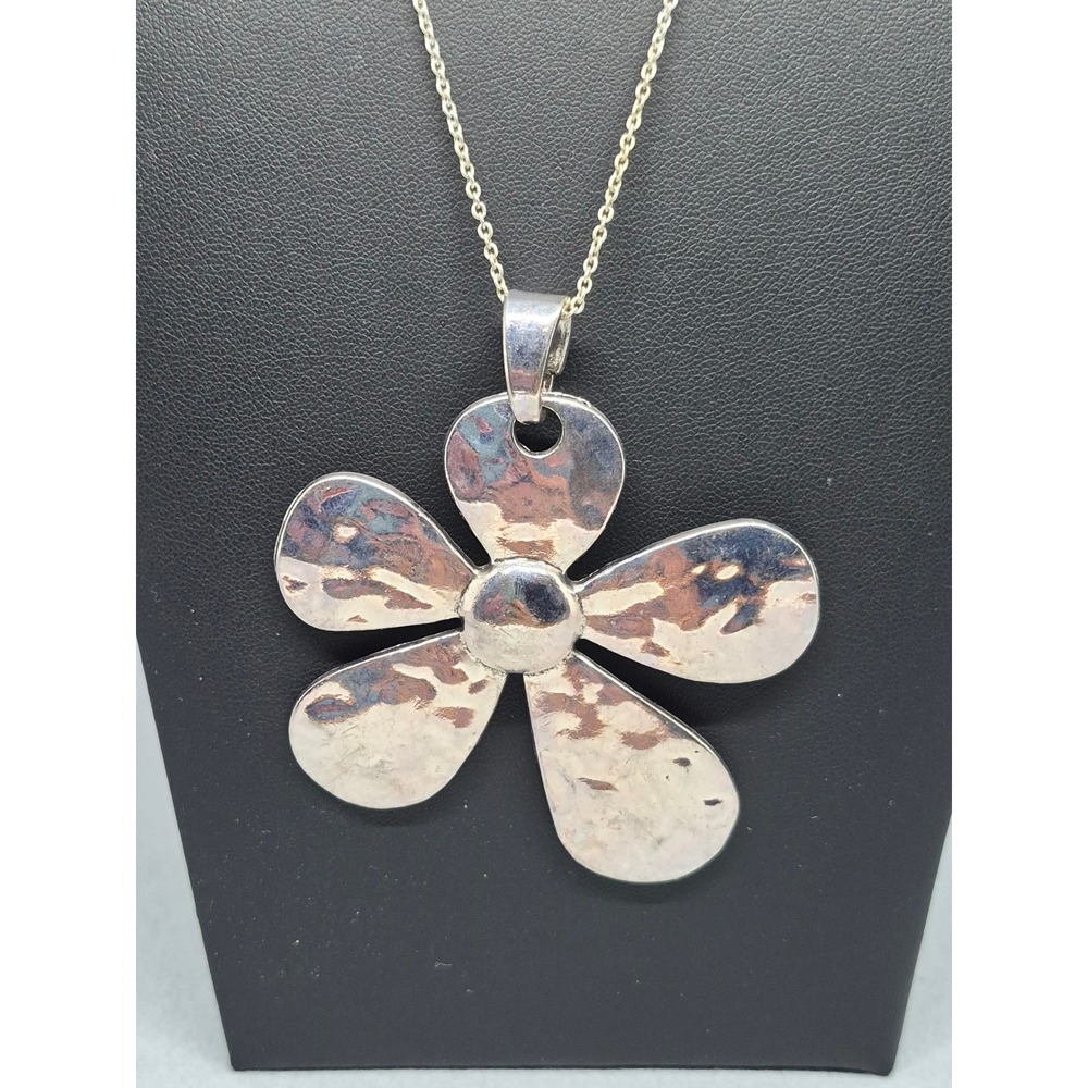 Flower Pendant Necklace Silver Tone Hammered Floral Statement Large Bold Boho